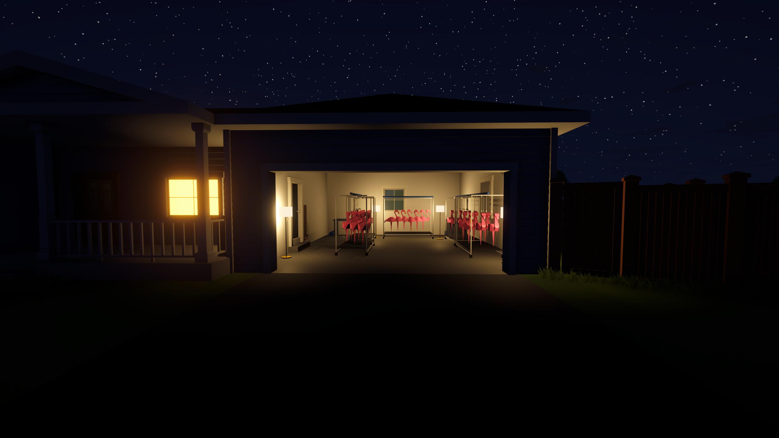 A lit garage full of pink lawn flamingos on drying racks at night